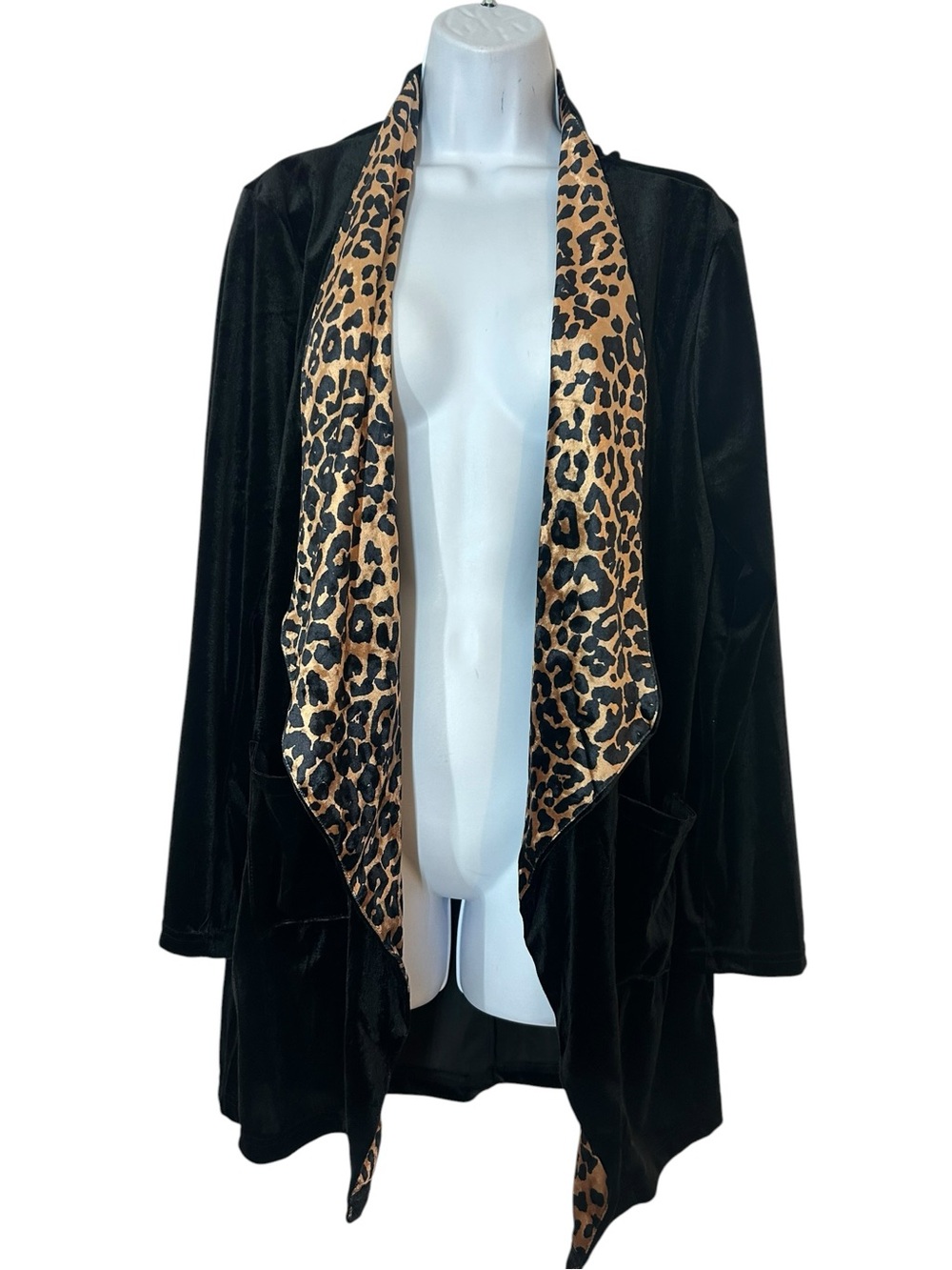 Umgee Black Velvet Duster Cardigan Jacket Leopard Trim M Whimsigoth NWT